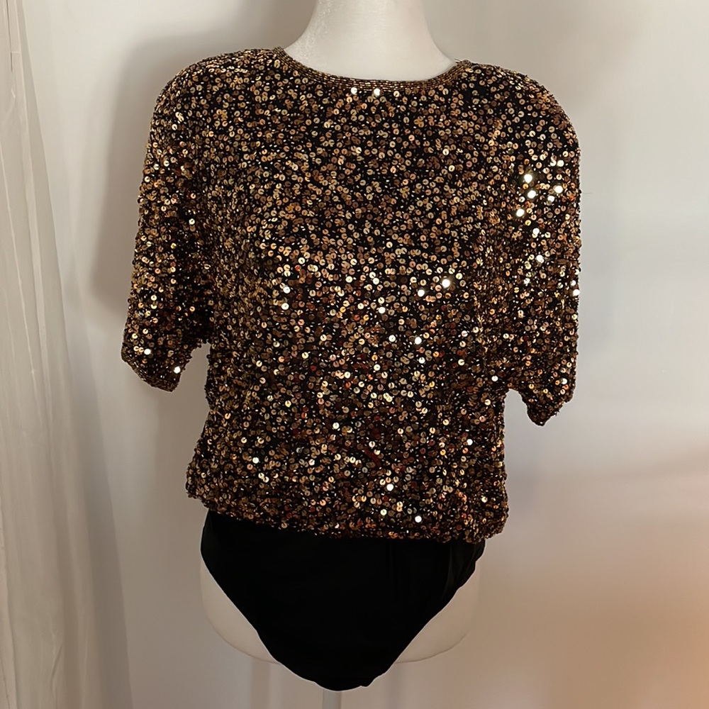Oleg Cassini Unique Silk Gold Bronze Sequin Bodysuit Black Bottom Area S…
